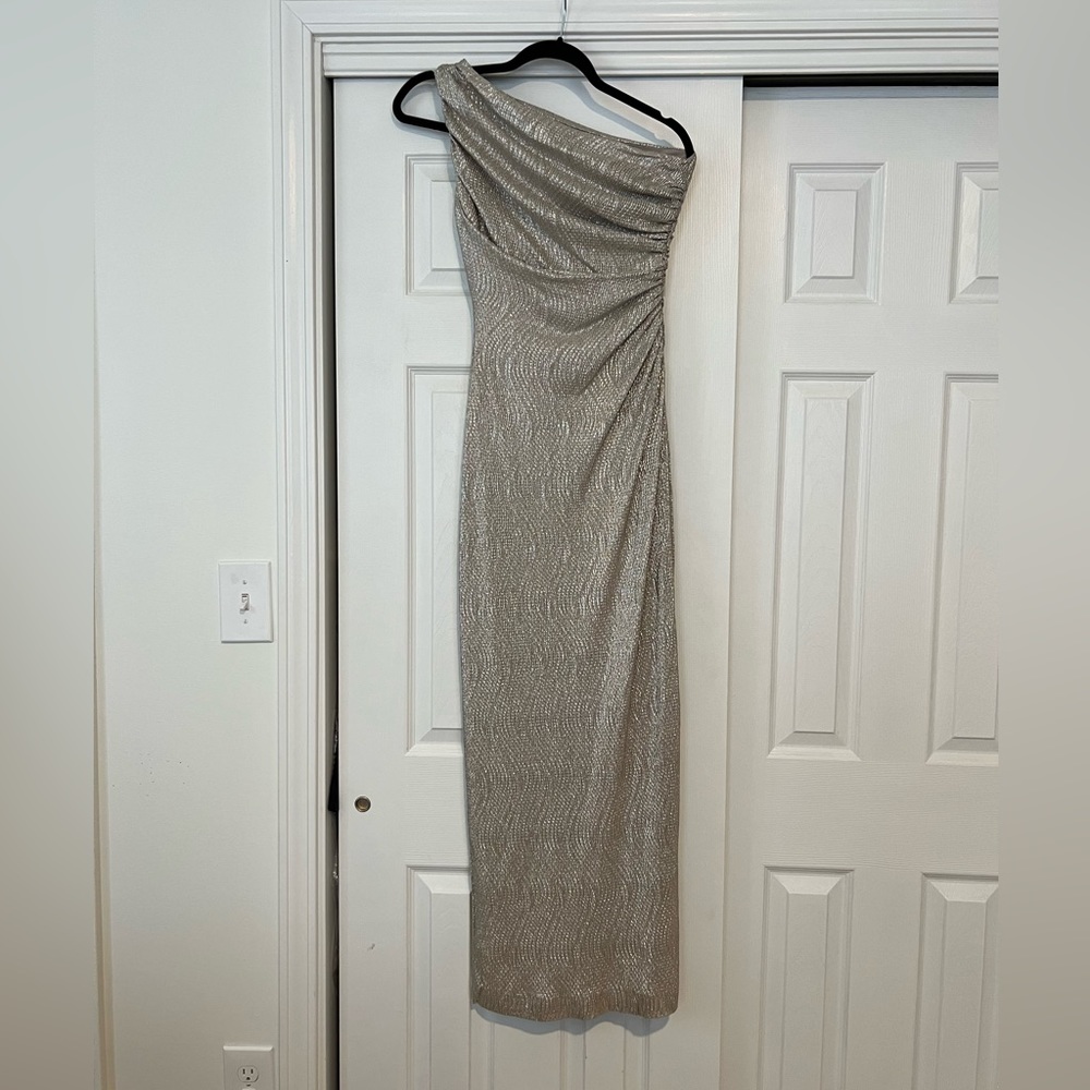One shoulder evening gown, gold, size 2.
